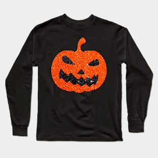 Bright Orange Faux Glitter Halloween Pumpkin Face Long Sleeve T-Shirt